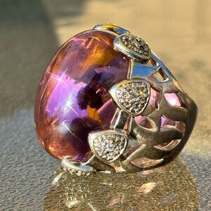 Chunky Vintage Silver Ring With Purple Glass Cabochon & Rhinestones